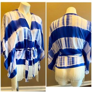 Shawl Shoulder Wrap w Fringe Trim and Waist Tie. Tie-Dye design. Size S
